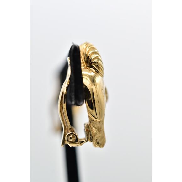 KJL Avon Ram Clip On Earrings Green Rhinestone Crystal Gold Tone Signed 1980s 9I - Picture 8 of 12